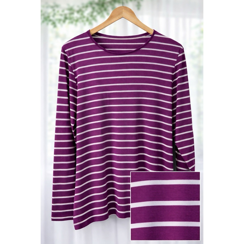 Croft & Barrow Classic Tee Top 100% Cotton Magenta Striped Print‎ Long Sleeve 2x